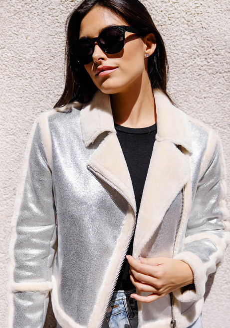 Fabulous-Furs Silver Starlight Faux Suede Moto Jacket 