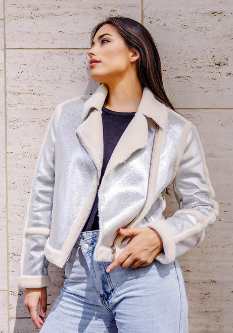 Fabulous-Furs Silver Starlight Faux Suede Moto Jacket 