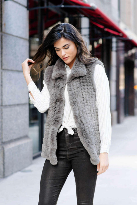 Fabulous-Furs Slate Faux Fur Knitted Vest 