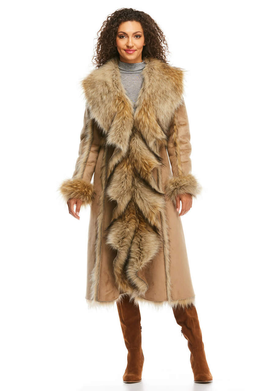 Fabulous-Furs Tan Wolf Cascade Full-Length Faux Fur Coat 