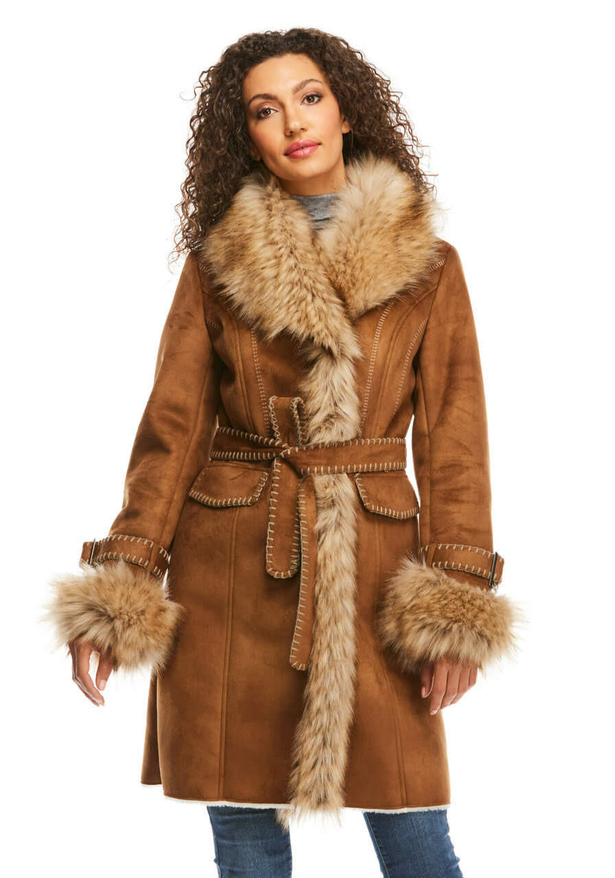 Fabulous-Furs Tobacco Faux Fur Fox Collar Faux Suede Dakota Coat 