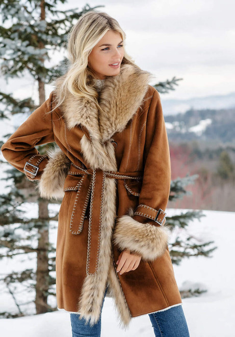 Fabulous-Furs Tobacco Faux Fur Fox Collar Faux Suede Dakota Coat 