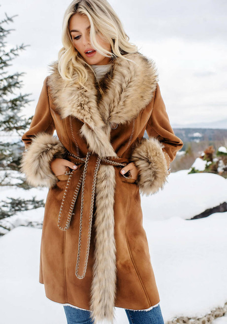 Fabulous-Furs Tobacco Faux Fur Fox Collar Faux Suede Dakota Coat 