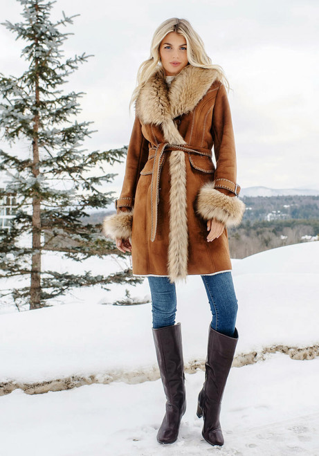 Fabulous-Furs Tobacco Faux Fur Fox Collar Faux Suede Dakota Coat 