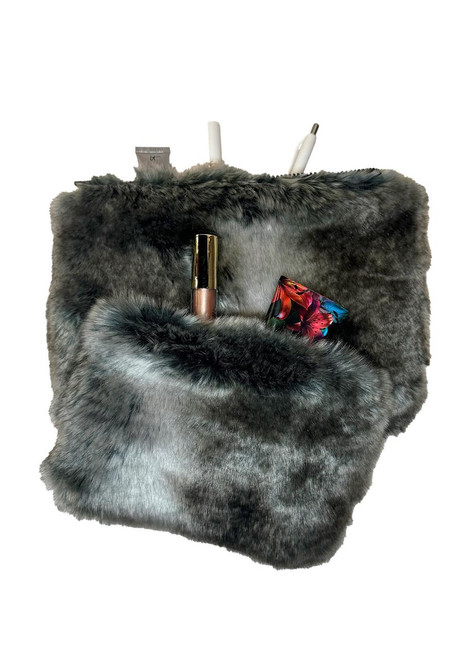 Grey Chinchilla Faux Fur Travel Pouches (Set of 2)