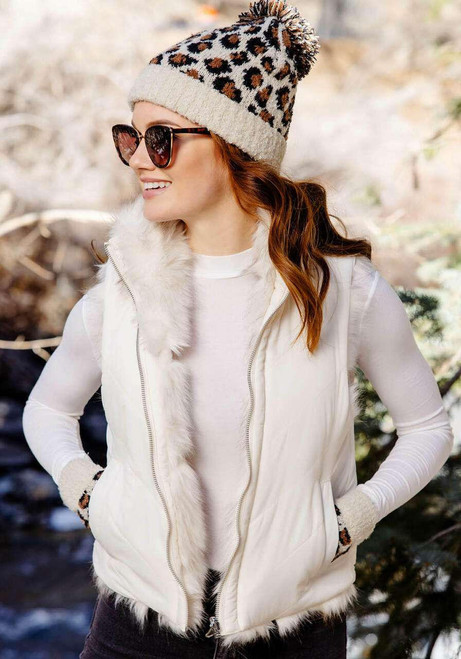 Ivory Chevron Reversible Faux Fur Zip Vest