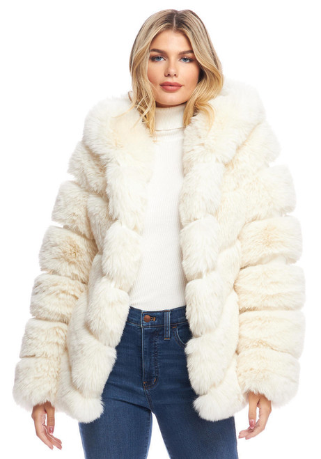  Ivory Fox Faux Fur Chateau Chevron Hooded Coat 