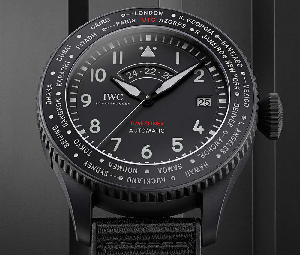 iwc aviateur timezoner top gun ceratanium closeup