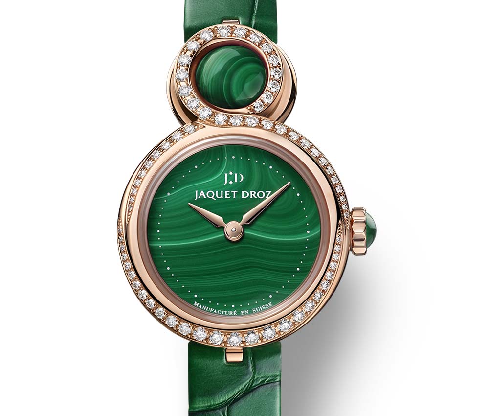 jaquet droz lady 8 petite malachite closeup