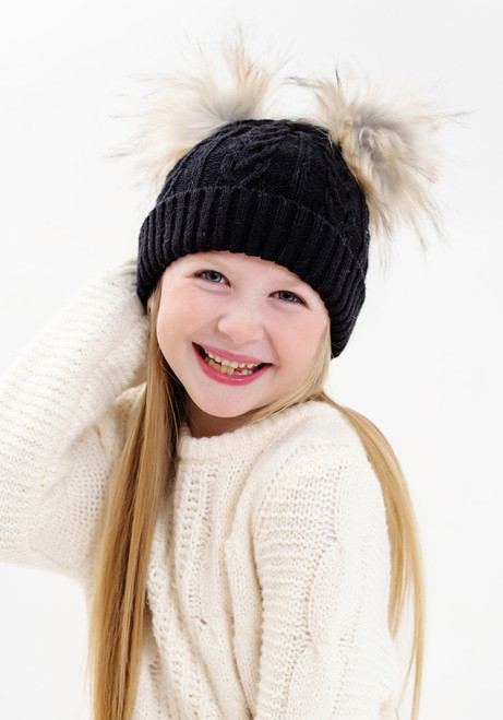  Kid's Black Cableknit Faux Fur Pom Beanie 