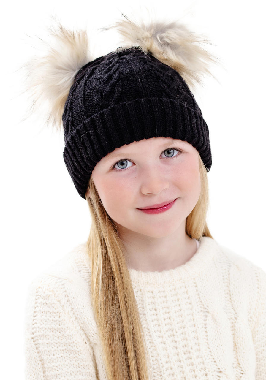  Kid's Black Cableknit Faux Fur Pom Beanie 