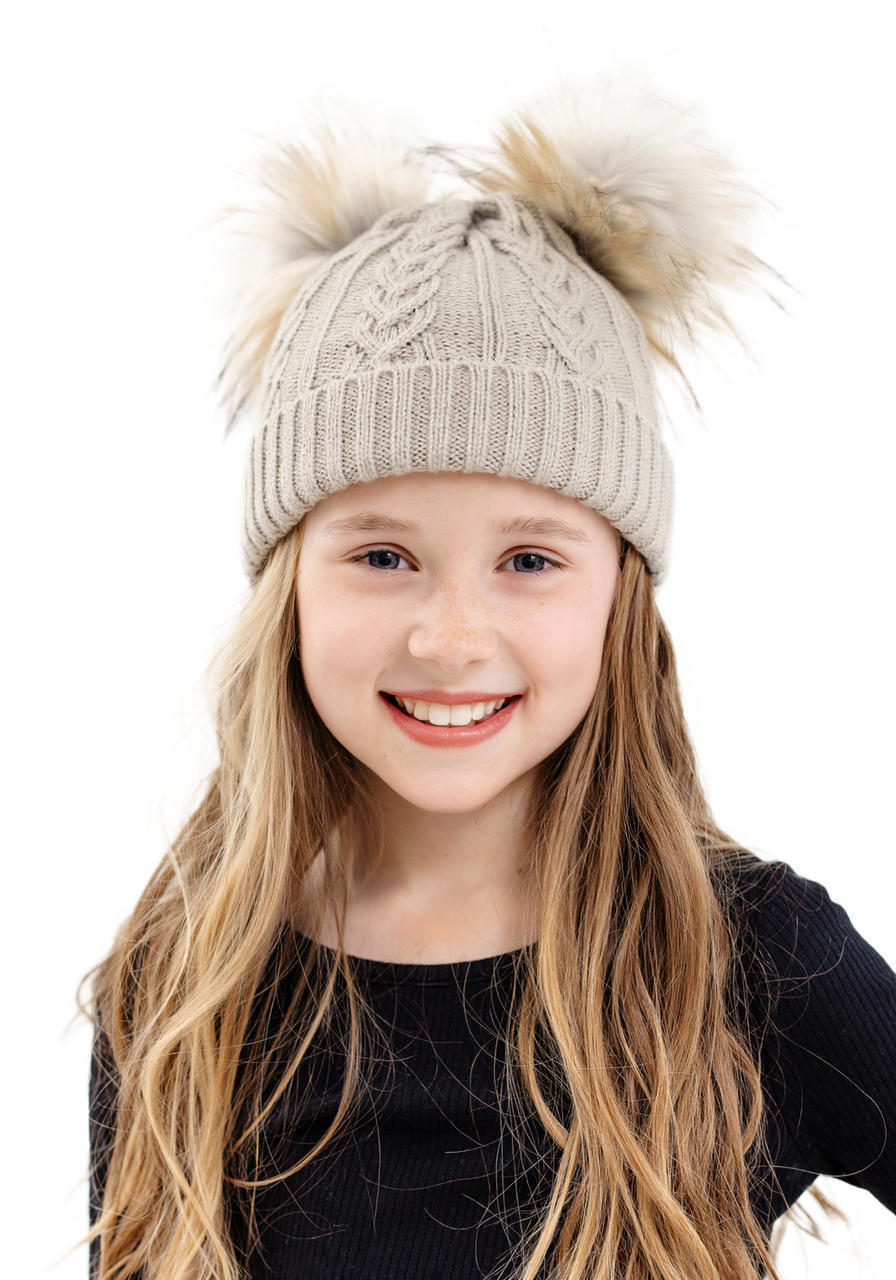  Kid's Oatmeal Cableknit Faux Fur Pom Beanie 