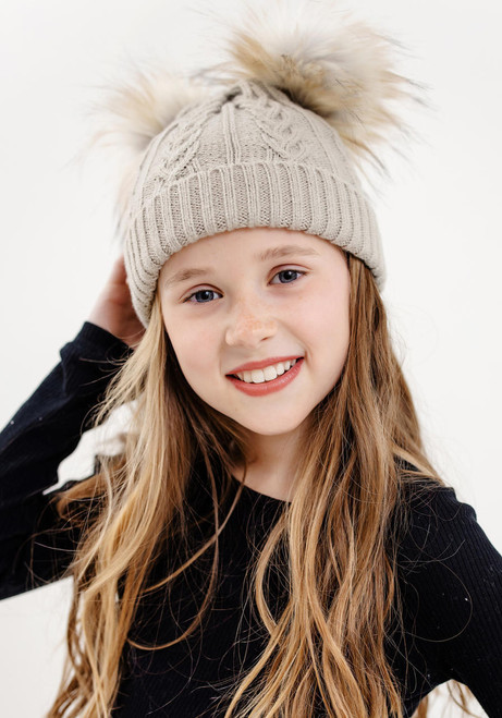 Kid's Oatmeal Cableknit Faux Fur Pom Beanie 