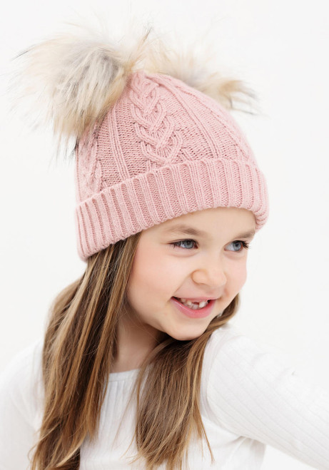  Kid's Rose Cableknit Faux Fur Pom Beanie 