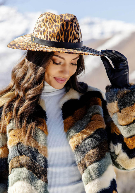  Leopard Faux Cashmere Wide Brim Fedora 