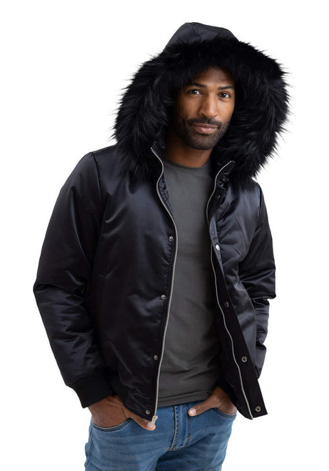  Men's Black Courtside Faux Fur-Trimmed Bomber Jacket 