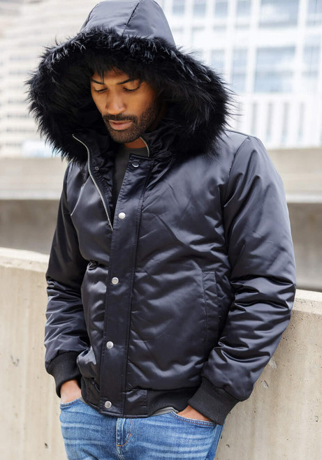  Men's Black Courtside Faux Fur-Trimmed Bomber Jacket 