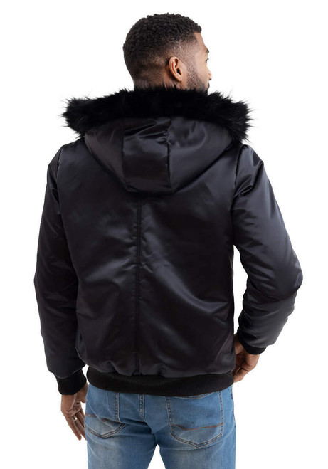  Men's Black Courtside Faux Fur-Trimmed Bomber Jacket 