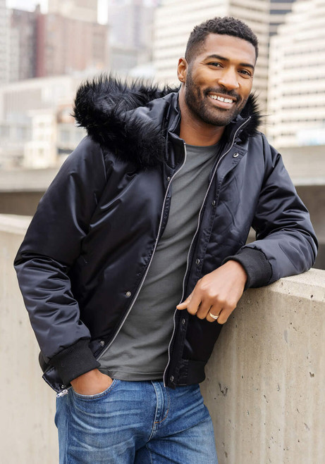  Men's Black Courtside Faux Fur-Trimmed Bomber Jacket 