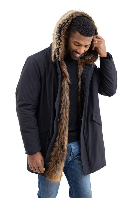  Men's Black Faux Fur-Trimmed Hooded Storm Coat 