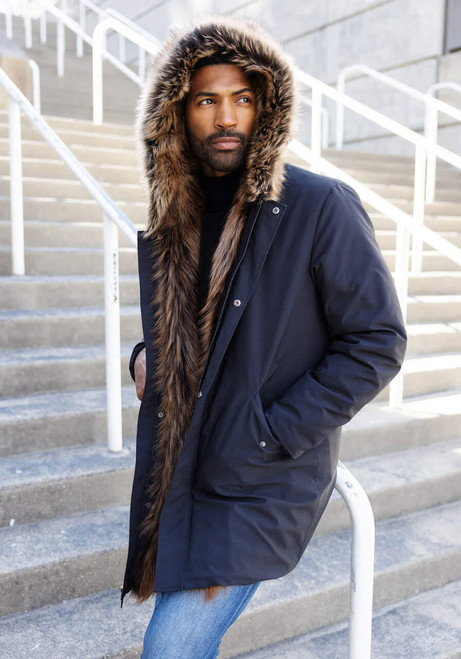  Men's Black Faux Fur-Trimmed Hooded Storm Coat 