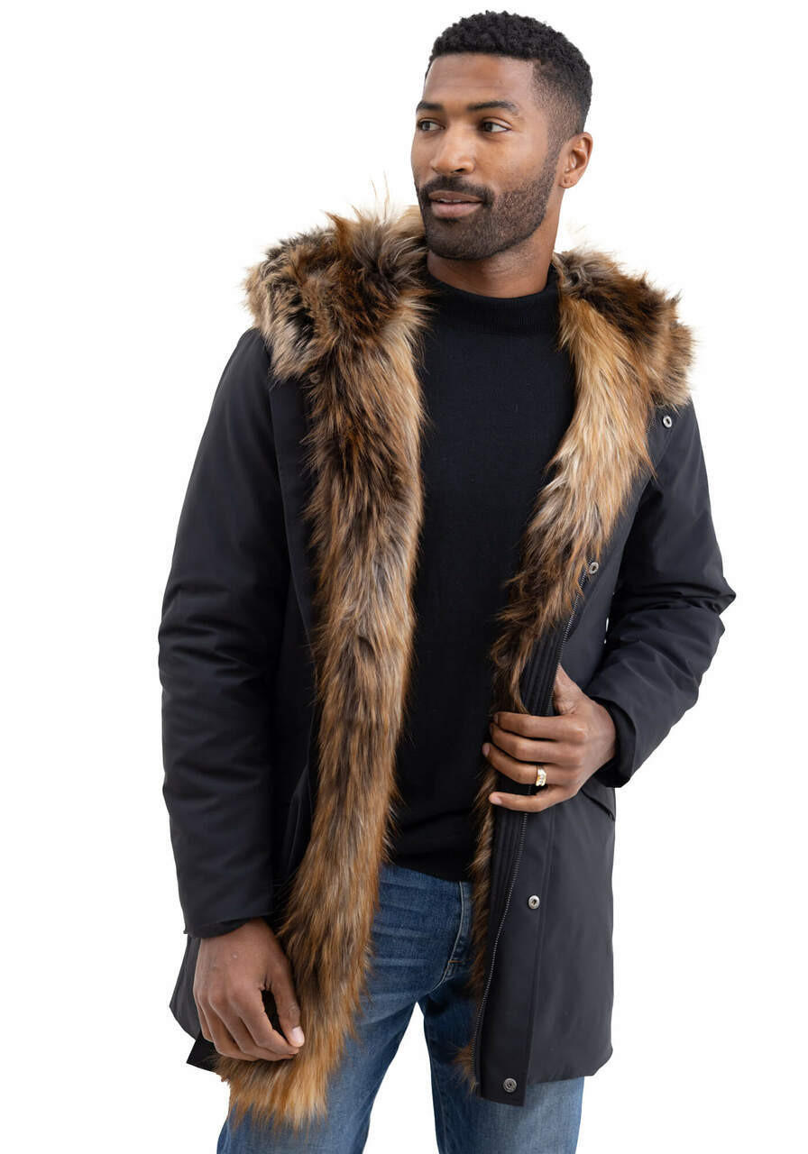  Men's Black Faux Fur-Trimmed Hooded Storm Coat 