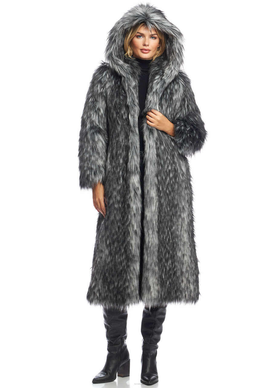  Smokey Fox Hooded Full-Length Faux Fur Coat 