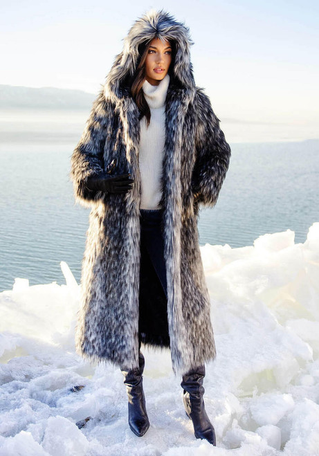  Smokey Fox Hooded Full-Length Faux Fur Coat 