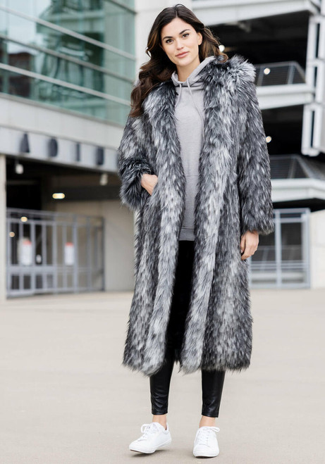  Smokey Fox Hooded Full-Length Faux Fur Coat 