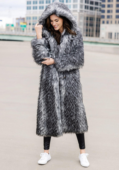  Smokey Fox Hooded Full-Length Faux Fur Coat 